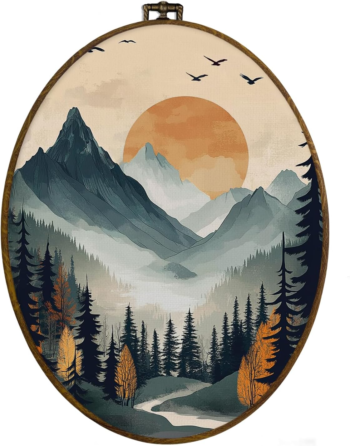 dvhdajed Nordic Adventure Theme Oval Wall Art Decor, Mountain Nursery Decor,Boys Room Mountain Framed Canvas Art, Nordic Nursery Tree Decorative Wall Hanging for Boys Room Bedroom, 8.7x11.3 Inch