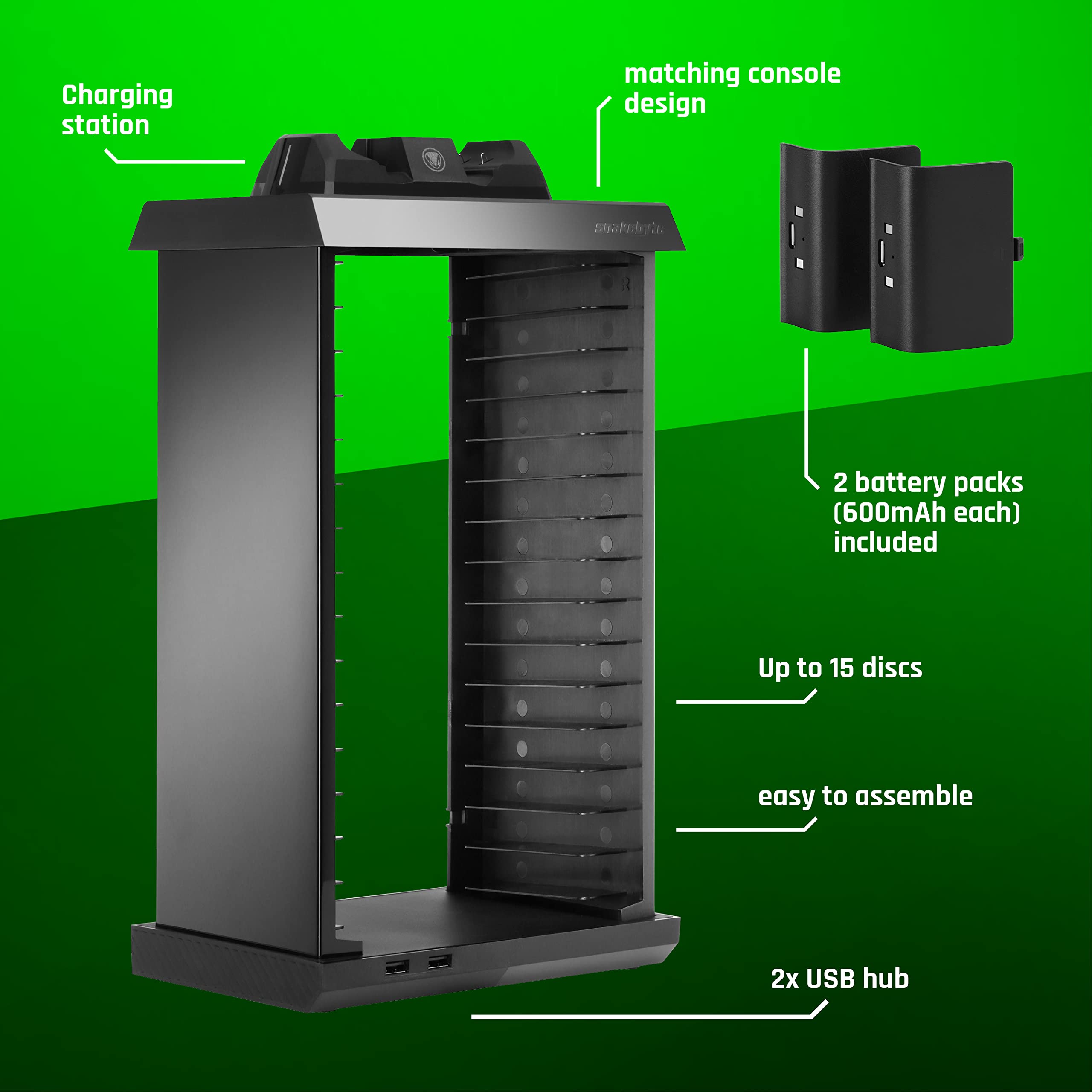snakebyte Torre de Juegos con estación de Carga para 2 mandos de Xbox One 4, 2 Ranuras USB, Espacio para 15 Juegos y BLU-Ray – Organizador y estación de Carga