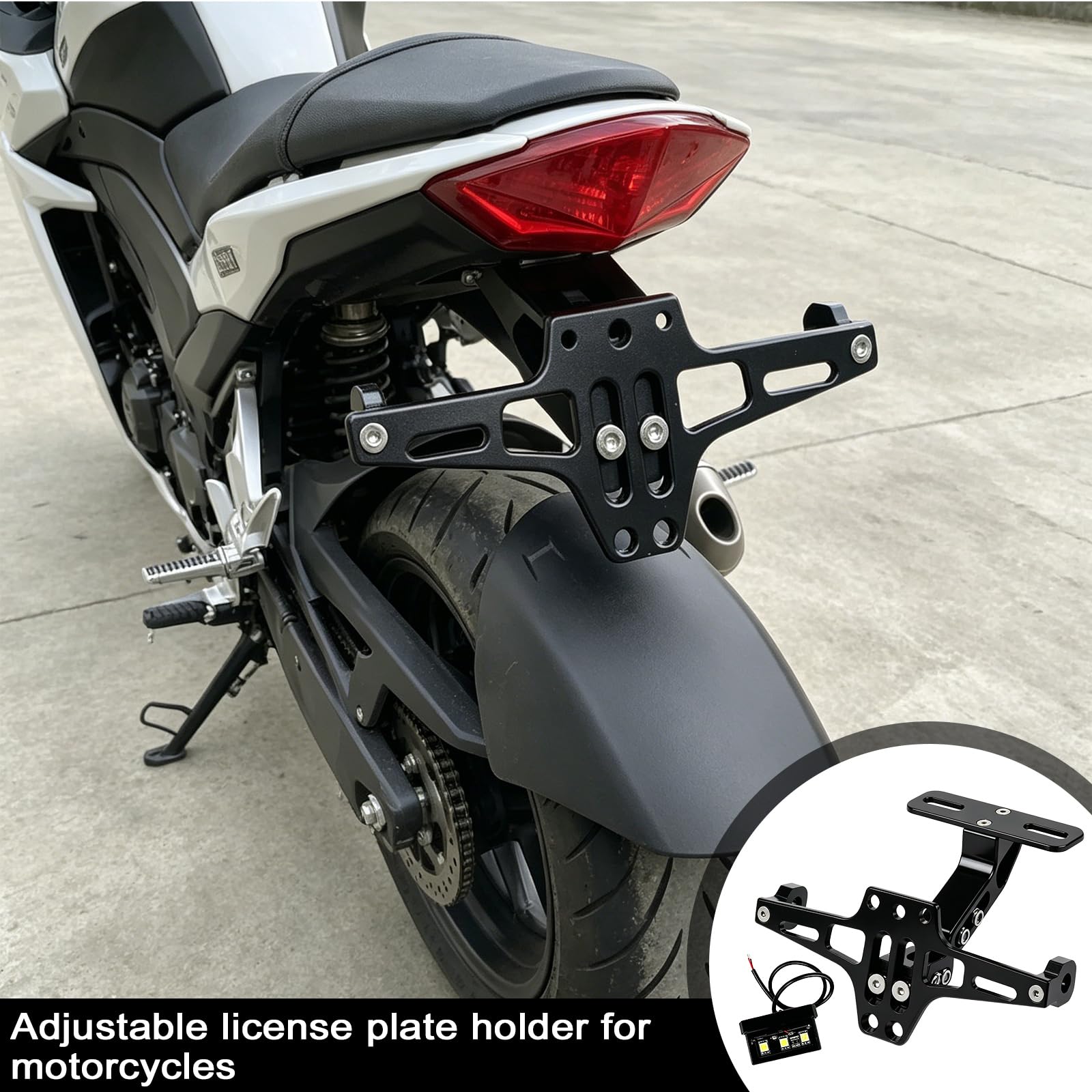 Portatarga moto, portatarga regolabile con luce LED, portatarga moto universale, supporto eliminatore parafango per la maggior parte dei modelli di moto più diffusi, nero