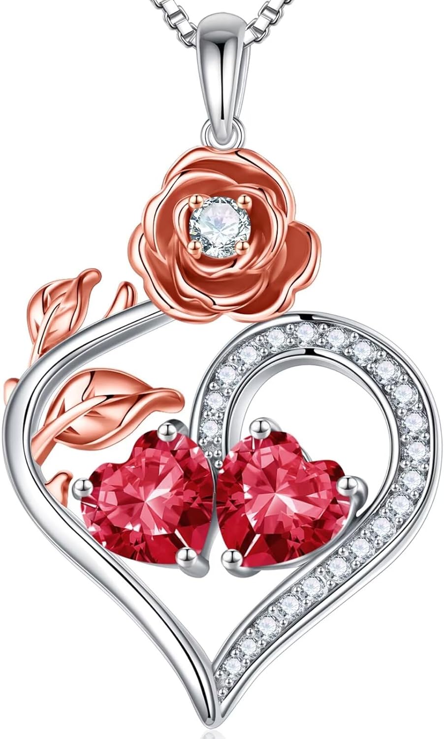 Iefil Rose Heart Birthstone Necklaces for Women - 925 Sterling Silver Double Birthstone Necklace, Anniversary Birthday Gifts for Women, Jewelry Gifts for Wife Her