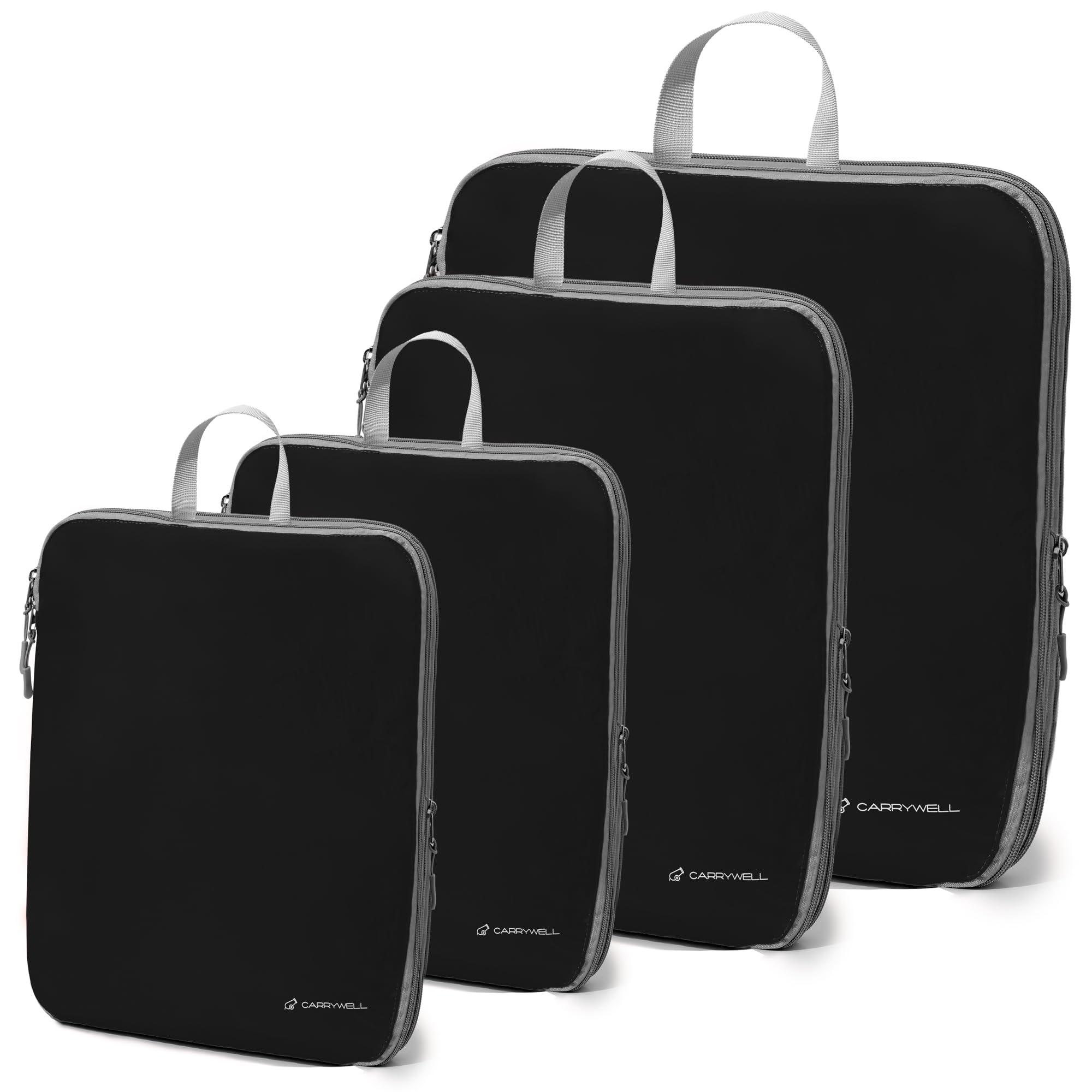 4 Set Compression Packing Cubes For Travel, Not-Made in China, Suitcase and Luggage Space Saver Organizer Bags, Lightweight, Waterproof, Durable Nylon, Black