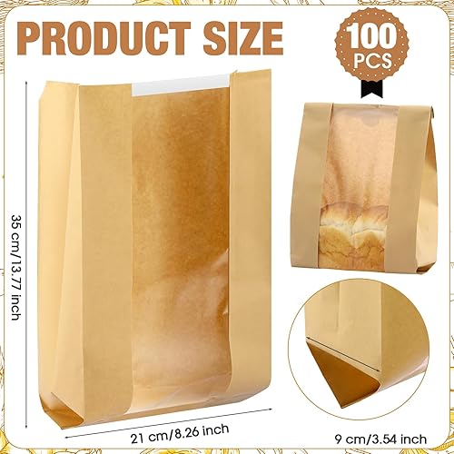 Miniatura 2 de Domensi 100 bolsas de pan de papel para alimentos caseros de 13.7 x 8.2 x 3.5 pulgadas, bolsa grande de papel para panadería con ventana, bolsas de