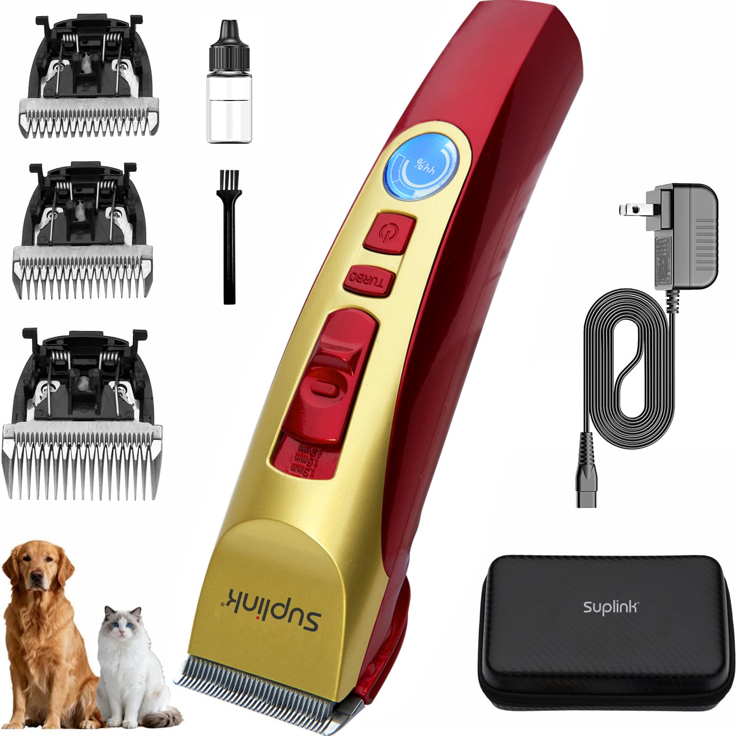 suplink Tondeuse pour chien pour toilettage pour manteaux épais et lourds, rasoir sans fil rechargeable à 2 vitesses, faible bruit, avec 4 lames en acier inoxydable pour chiens, animaux domestiques et