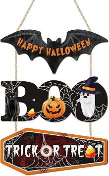 HOURIA Happy Halloween Wooden Sign11.4x14.6,Halloween Boo Wall Decor,Cute Ghost Black Cat Pumpkin Door Hanger,Trick or Treat Wall Hanging Door Sign for Party Front Door Home Indoor Outdoor Yard
