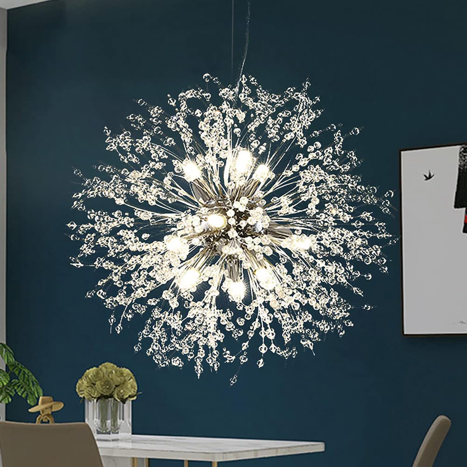 SYAXVOM Modern Silver Dandelion Crystal Chandelier - 9-Light Firework Design for Dining Room Bedroom Kitchen Island Living Stunning 50cm Lighting Fixture