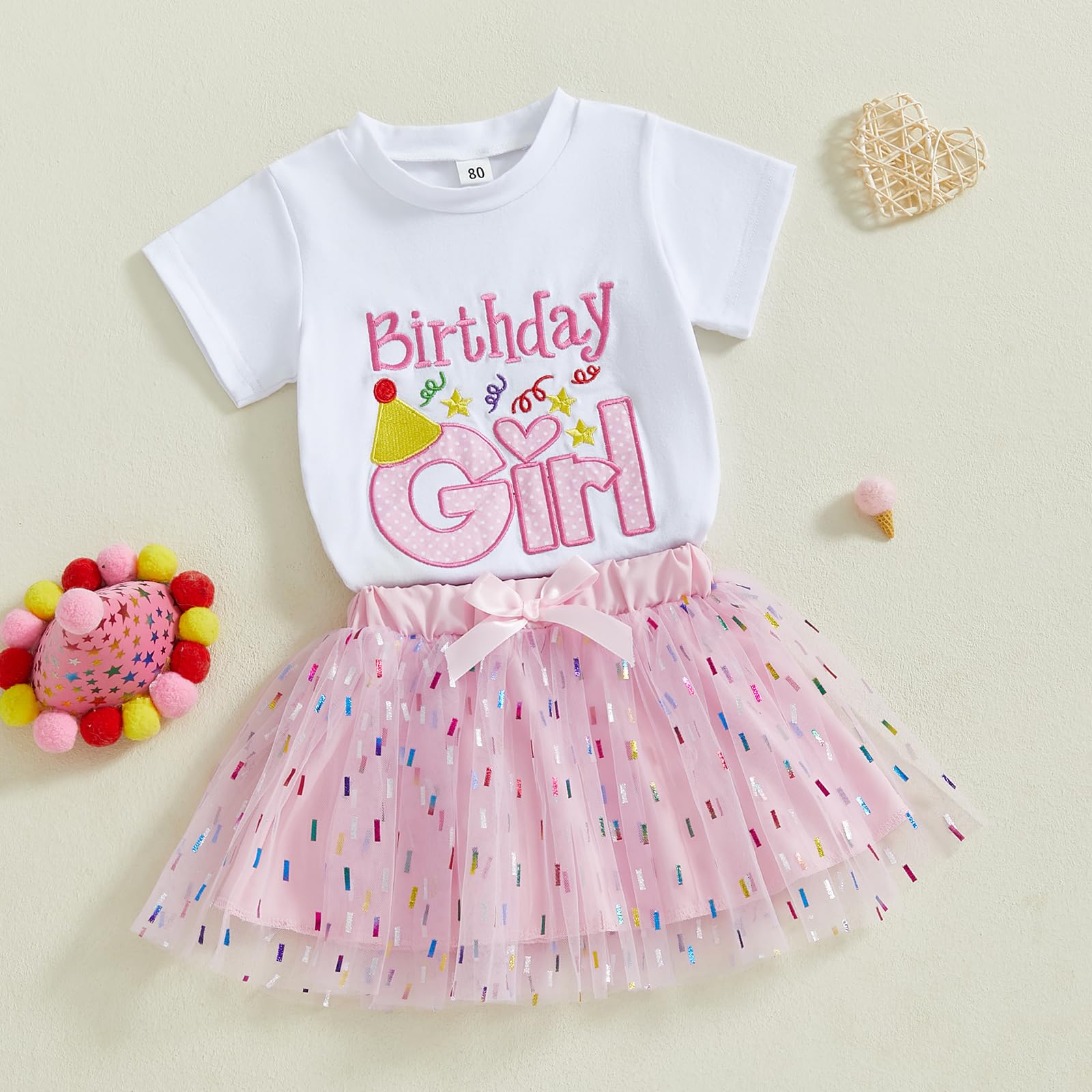 Toddler Birthday Girl Outfit Birthday Girl Letter Embroidery Shirt Top Mesh Tutu Donut Skirt Princess Party Skirt Set (A Pink, 2-3T)