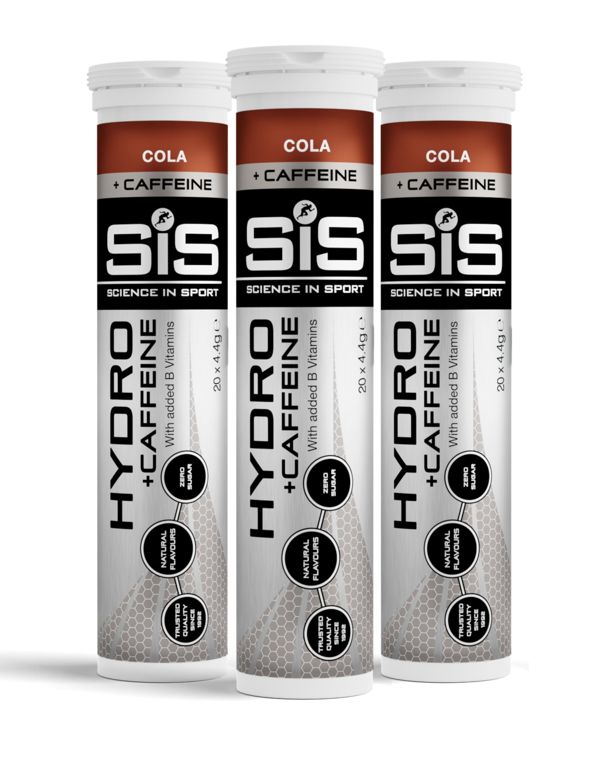Science In Sport Hydro Electrolyte Tablets - With Added 75mg Caffeine, Sugar Free Hydration Tablets, Essential Electrolytes to Reduce Fatigue & Aid Rehydration, Cola Flavour, 60 Servings, 3 Pack