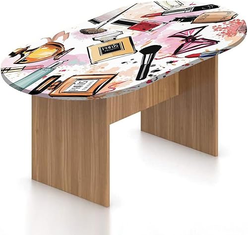 Mantel ovalado ajustable para patio, con bordes elásticos de poliéster, para niñas, con temática cosmética y maquillaje, con lápiz labial con pincel