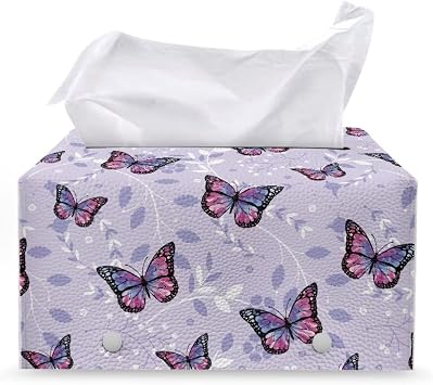 Monarch Butterfly Leaves Tissue Box Cover Waterproof PU Leather Tissue Box Holder Rectangular Facial Paper Organizer Dispenser Napkin Holder Case Home Decoration for Women Purple