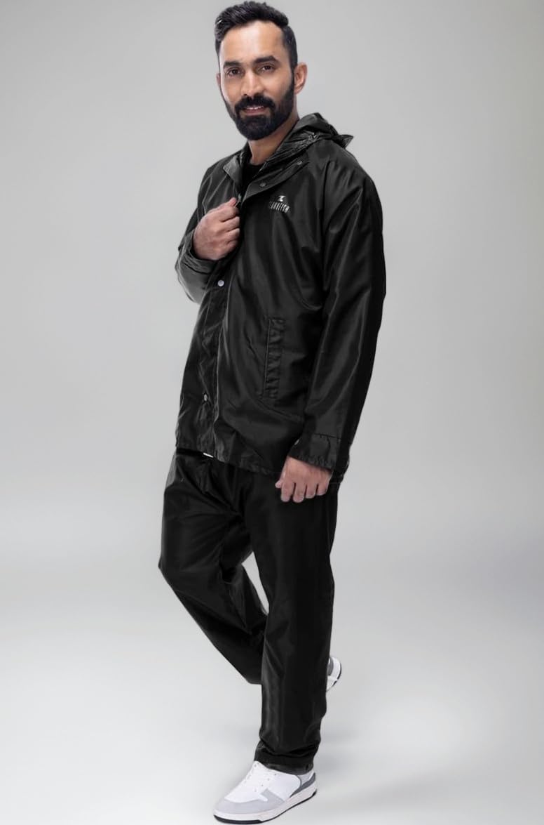 Men's Polyester Waterproof Standard Length Raincoat Double Coating Reversible Rain Suit With Hood & Inner Mobile Pocket, Set Of Top And Bottom.