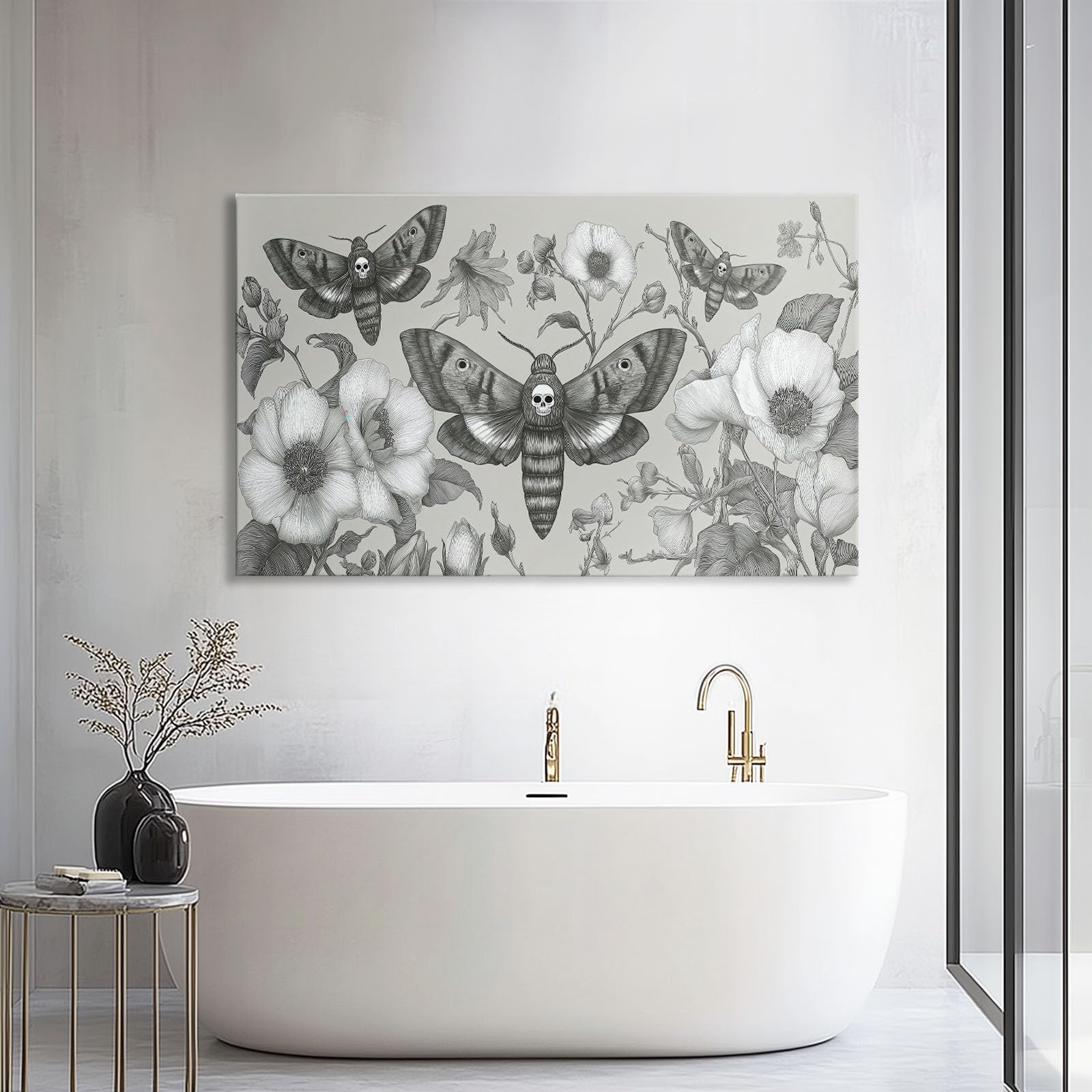 Generisch Grau Rustikal Ländlich Tier Motte Floral Modernes Leinwandbild 90L x 60B cm mit Rahmen, Vintage XXL Wanddeko für Wohnzimmer Geschenk Idee Einzug - Hochwertiger Kunstdruck auf Holzrahmen