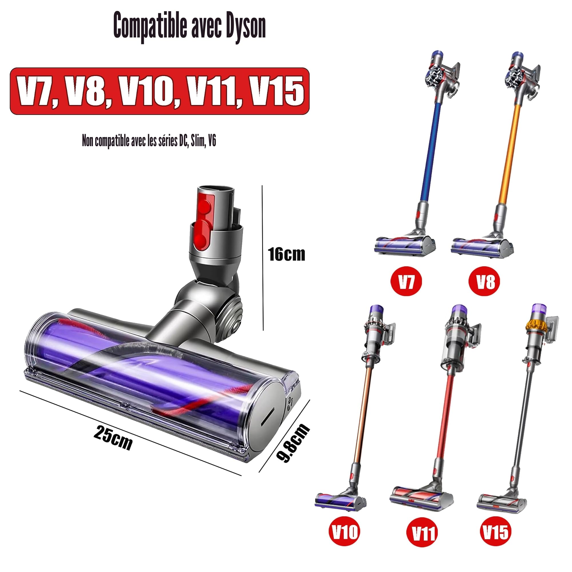 Brosse motorisée compatible pour Dyson V10 V8 V11 V15 V7 Rouleau adapté pour tapis et sols durs et coins étroits