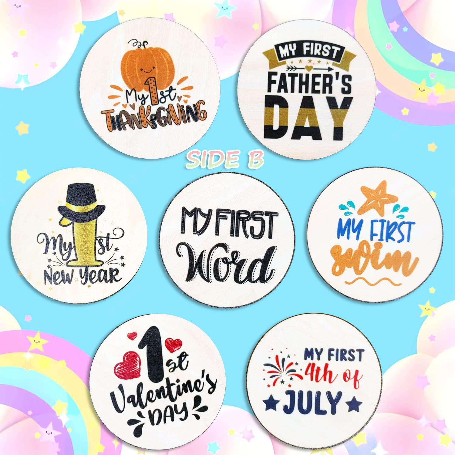 Baby First Holiday Milestone Cards, My First Holiday Signs | 7 Pack Double Sided Wooden Baby Milestone Signs for Newborn Girl or Boy, Baby Shower Cards with Organza Gift Bag