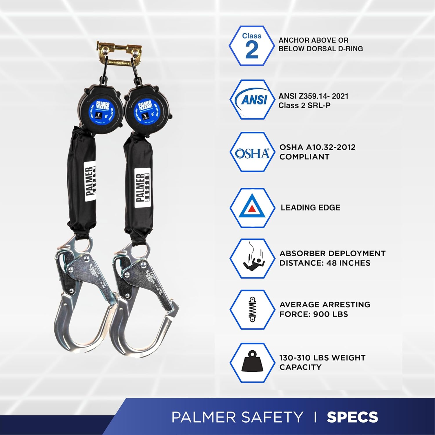 Palmer Safety Fall Protection SRL121142T Twin SRL 6' Leading Edge Lightweight Web with Aluminum Rebar Hooks