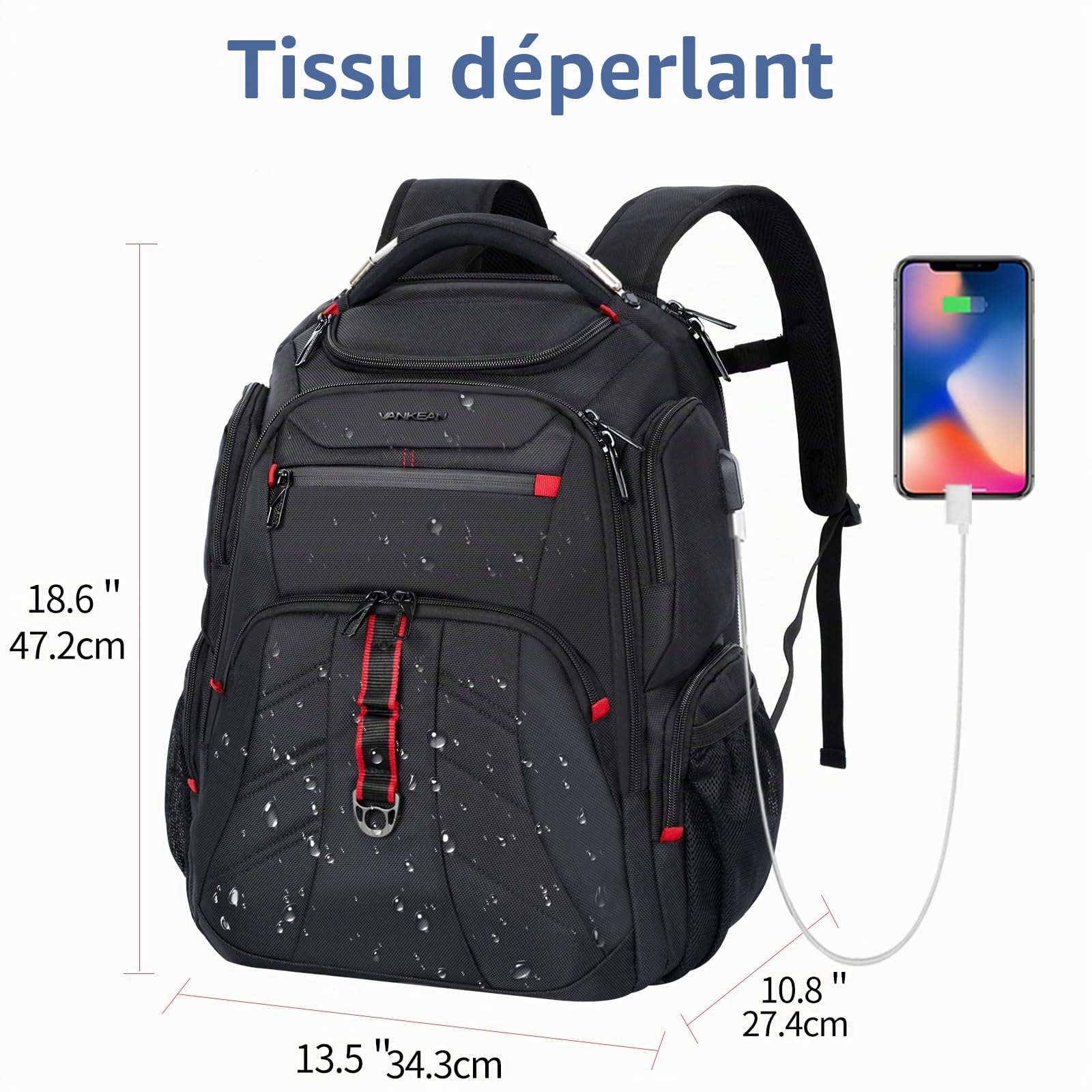 VANKEAN Sac à dos de Voyage pour Ordinateur Portable 17,3" Compatible TSA | résistant à l'eau, antivol XL avec poches RFID, sac à dos universitaire avec port USB pour homme et femme, sac de travail