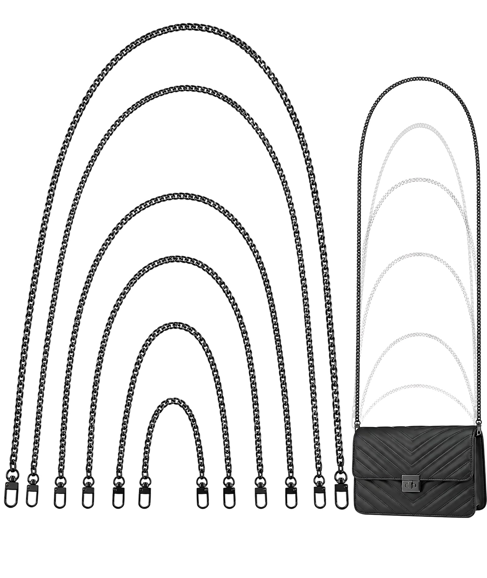 6Pcs Purse Chain Strap, 6 Sizes Black Replacement Flat Bag Strap with Buckles, Perfect for DIY Metal Shoulder Purse Chain Replacement - 20cm,40cm,60cm,80cm,100cm,120cm-image-15