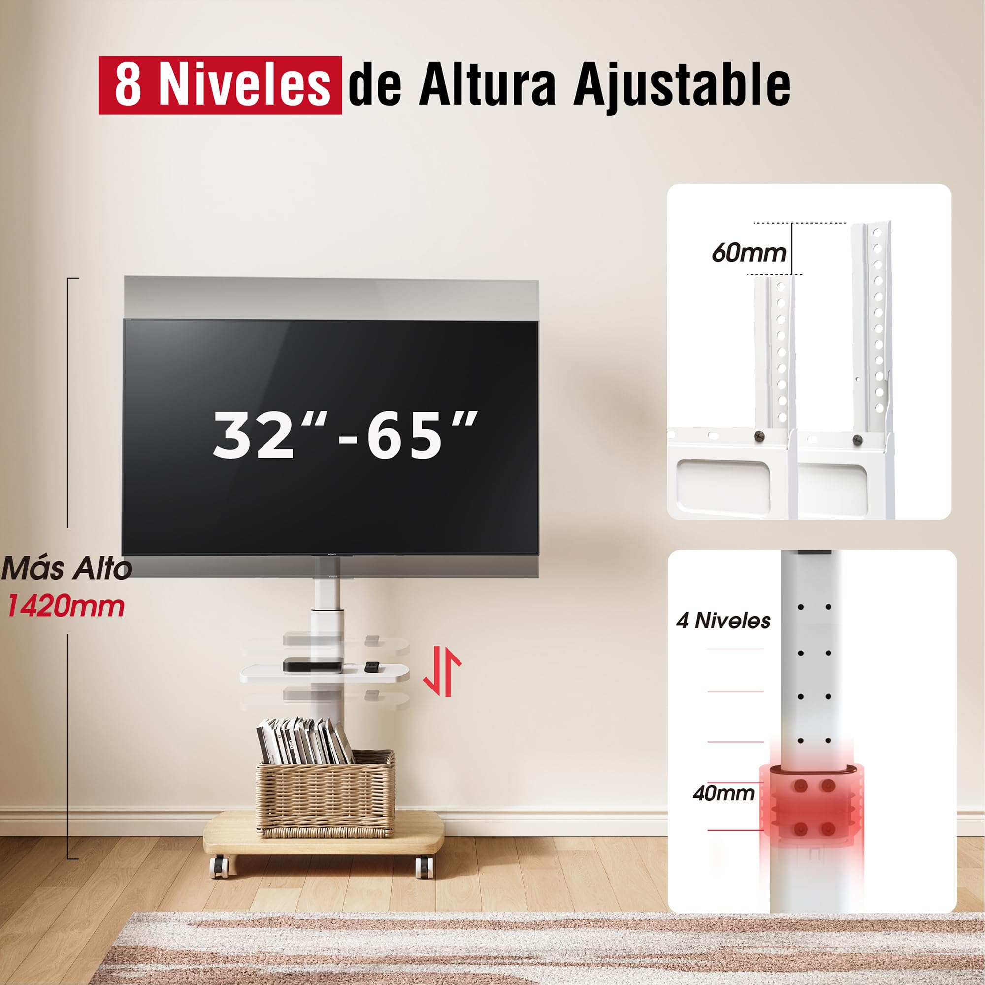 AOKCOS Soporte para TV móvil con ruedas con base y estante de madera para televisores de 32 a 65 pulgadas, soporte de piso para TV ajustable en altura y giratorio, hasta 40 kg máx. VESA 400 x 400 mm