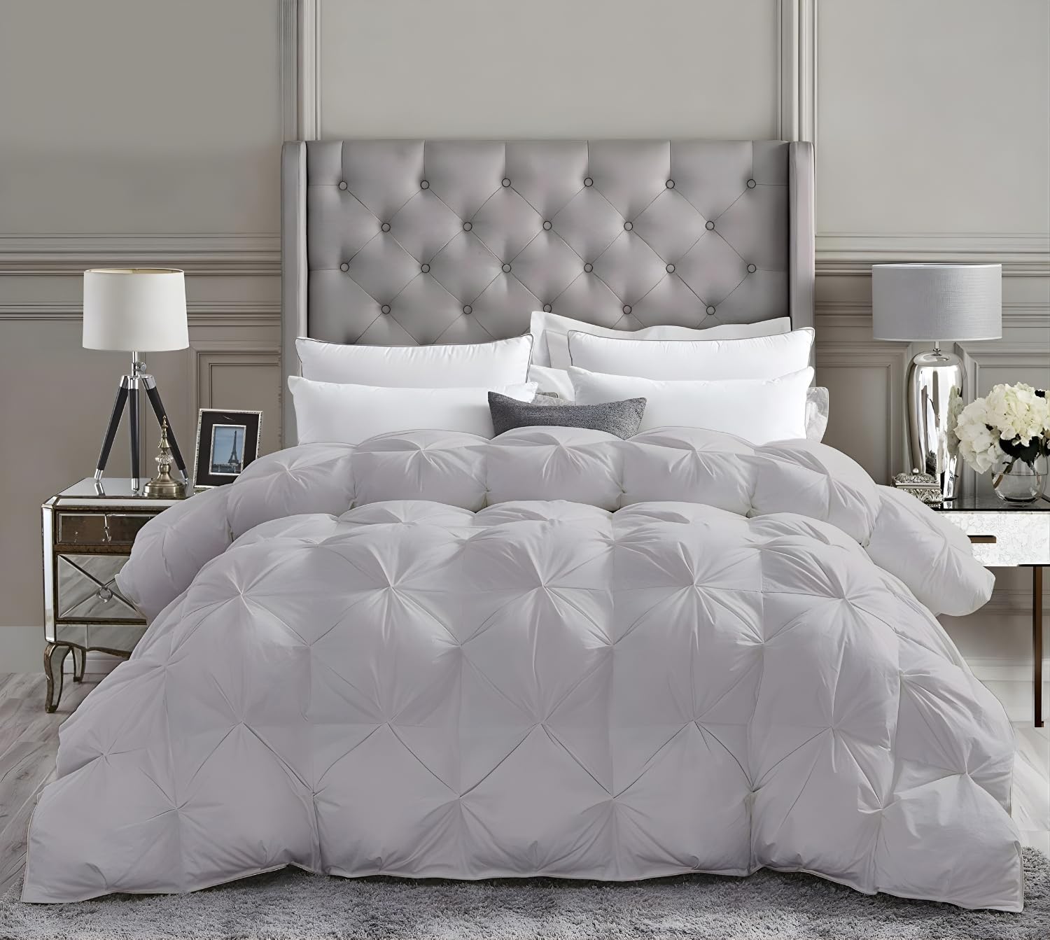 Queen/Full XL Down Alternative Comforter 88x92 Inch Silver – 500 GSM Ultra Soft Breathable, Luxury Pintuck Pinch Pleat, All Season Duvet Insert with Corner Tabs, Machine Washable