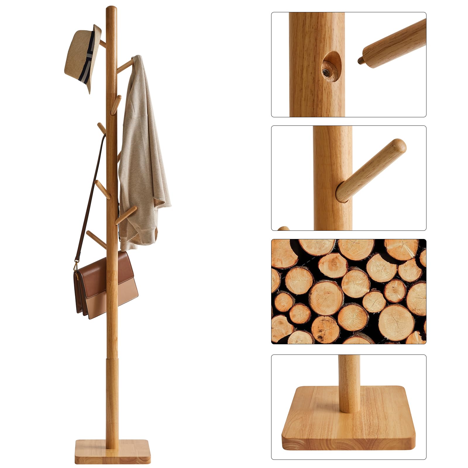 YMYNY Garderobenständer aus Massivholz, freistehender Kleiderständer mit 8 Haken, verdickte quadratische Basis, 3 verstellbaren Höhen, für Tasche, Kleidung, Wohnzimmer, narturfarben HCR002N