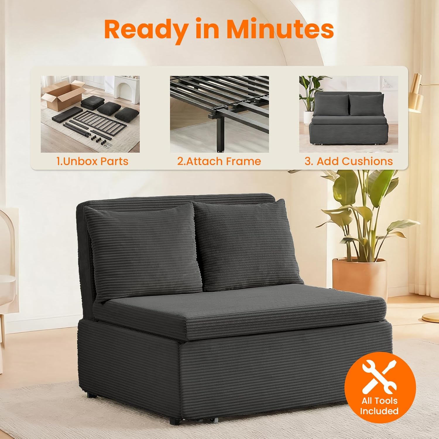 ijuicy 3 in 1 Pull Out Sofa Bed Twin Corduroy Sleeper Sofa with Pullout Bed, Convertible Loveseat Couch Beds with Pillows and Tri-fold Mattress for Small Spaces Apartment-Dark Grey