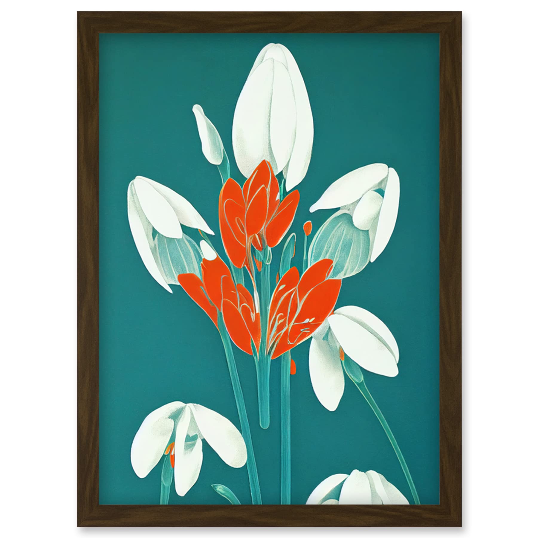 Wee Blue Coo Abstract Snowdrops Red Flowers on Teal Retro Mid Century Style Artwork Framed Wall Art Print A4