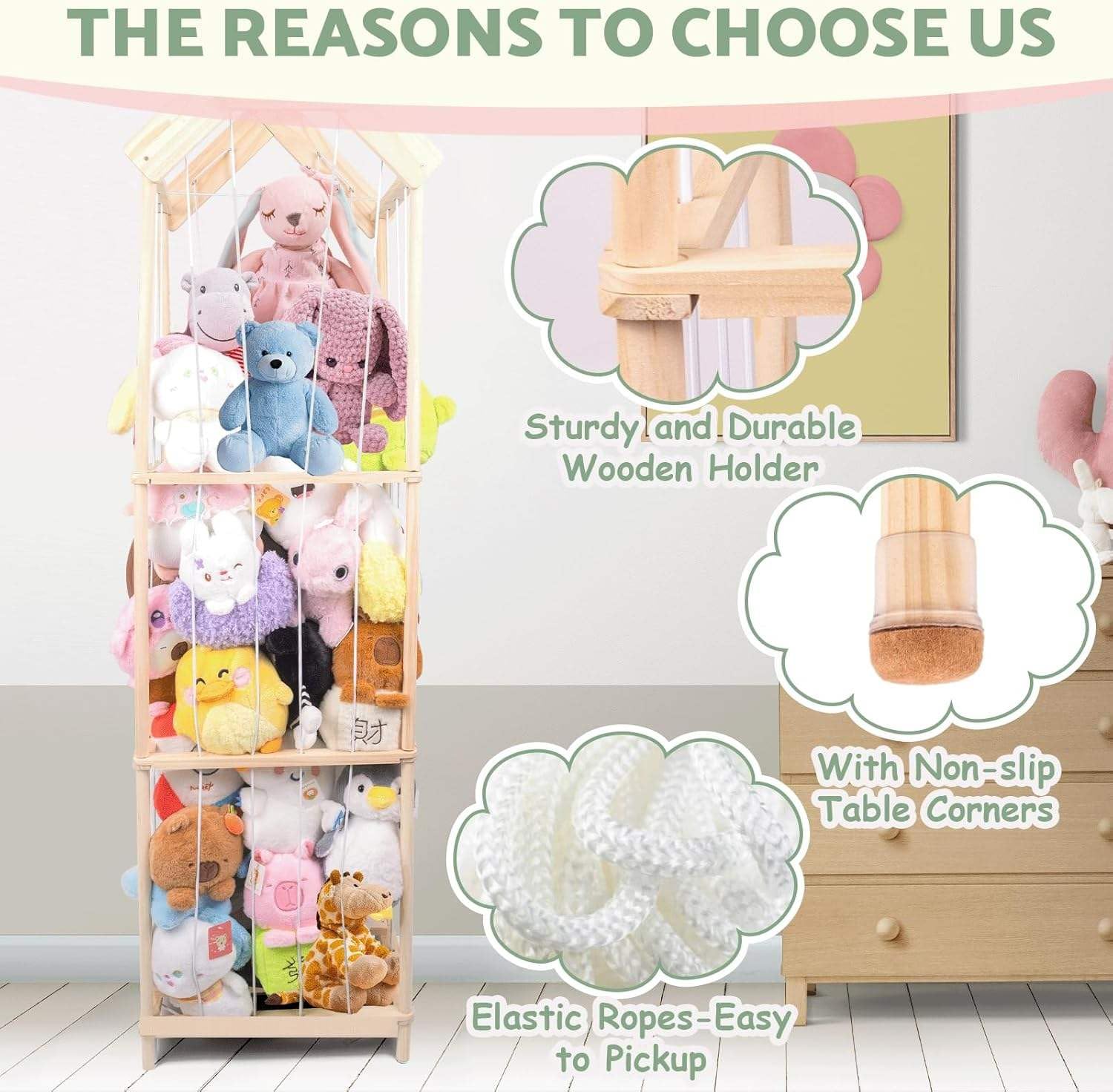 NEWFUN Range Peluche, Rangement en Bois pour Peluches, Grande Capacité, Peu Encombrant, Adapté aux Chambres d'enfants, Salles de Jeux et Chambres à Coucher