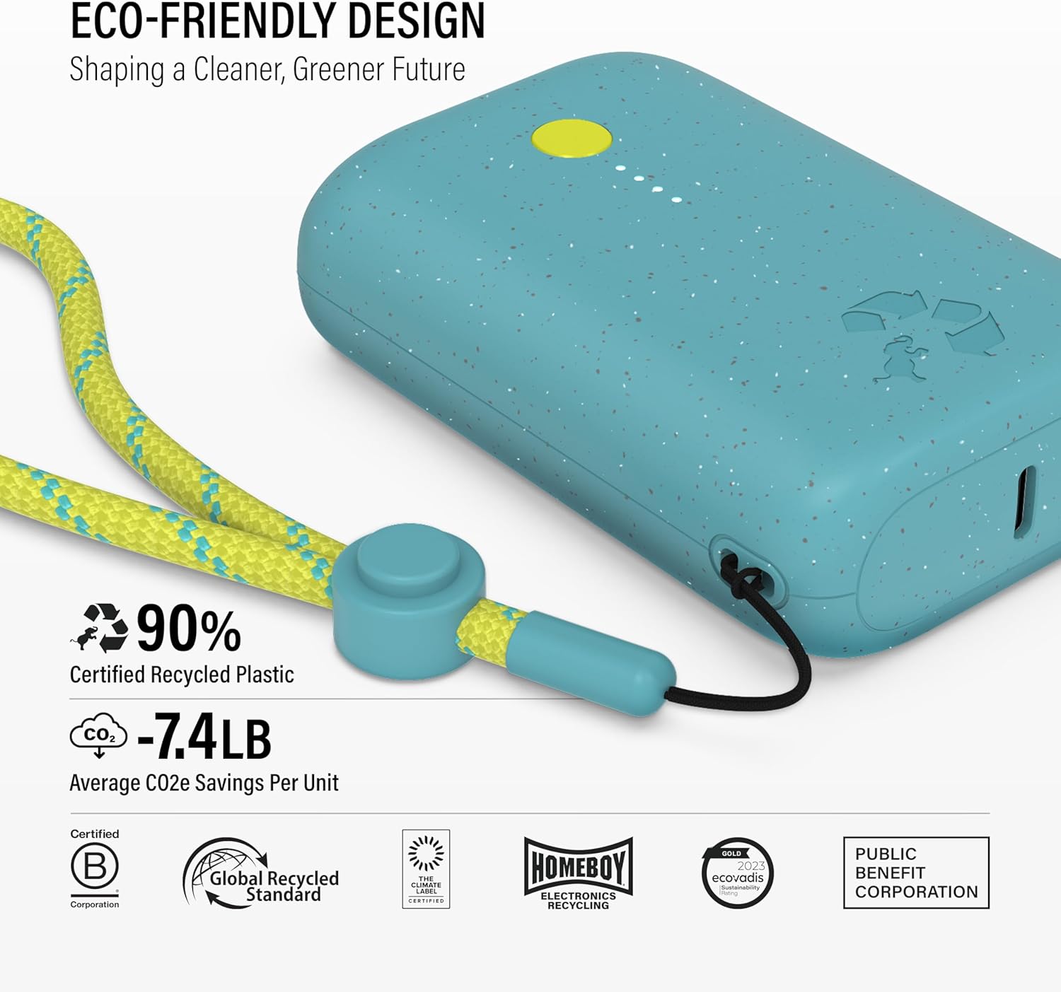 Graphic highlighting the Eco-Friendly Design of the Nimble Champ portable charger, stating it's made with 90% Certified Recycled Plastic and results in -7.4LB Average CO2e Savings Per Unit. Various environmental certifications are also shown.