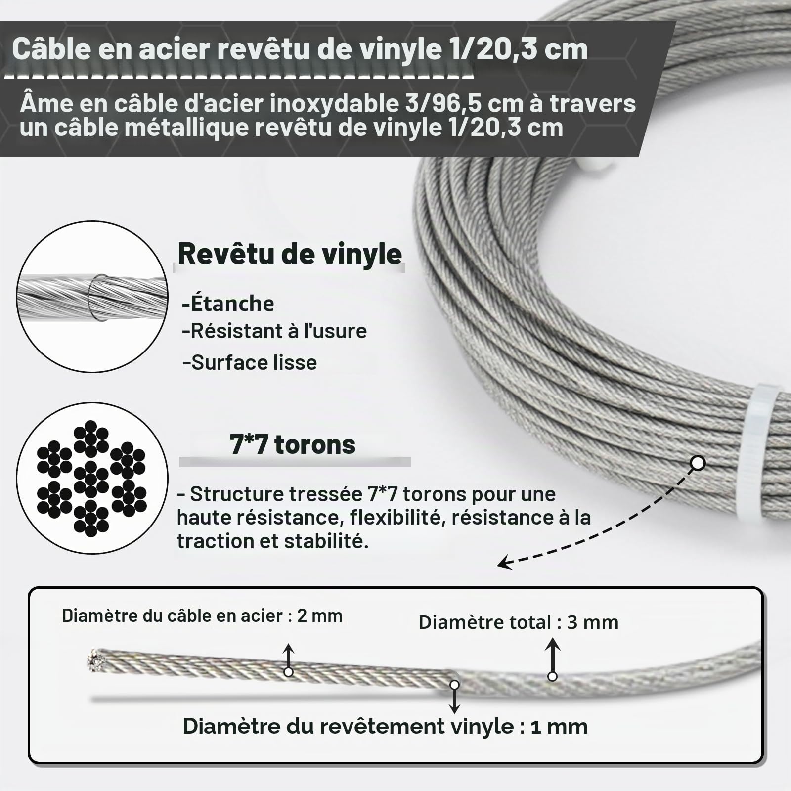 TooTaci Cable Acier 3mm /20M Câble en Acier Inoxydable Gaineavec Cosses M3 & Serre-Câbles,Kit de 3mm Câbles Métalliques Idéal pour Fil de Clôtur,Fil de Jardin pour Plantes Grimpantes,Suspension