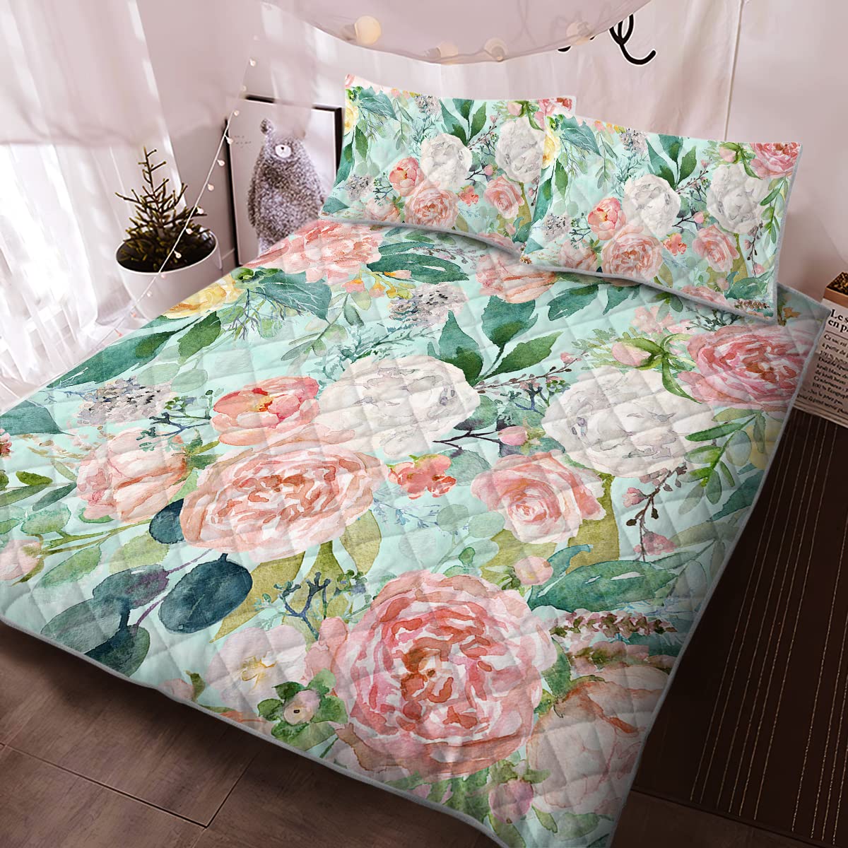 BEDMUST Pink Flower Quilt Set Full, Girl Pink Floral Bedspread Quilts, Pale Pink Blossom Petal Bedspread, Bedroom Living Dorm Room Decorative (Includes 1 Quilt, 2 Pillowcase)