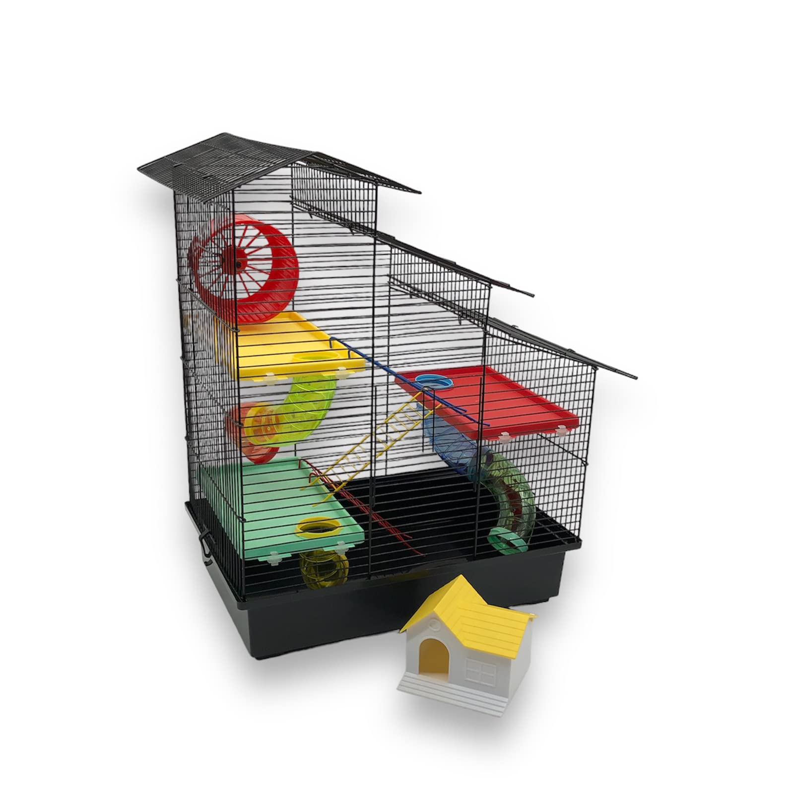 ZooPaul Hamsterkäfig XXL mit Zubehör Bunt für Hamster und Mäuse, Nagerkäfig mit Burg, Treppe, Tunnelsystem, Laufrad und Häuschen, 67 x 49 x 32 cm, Schwarz