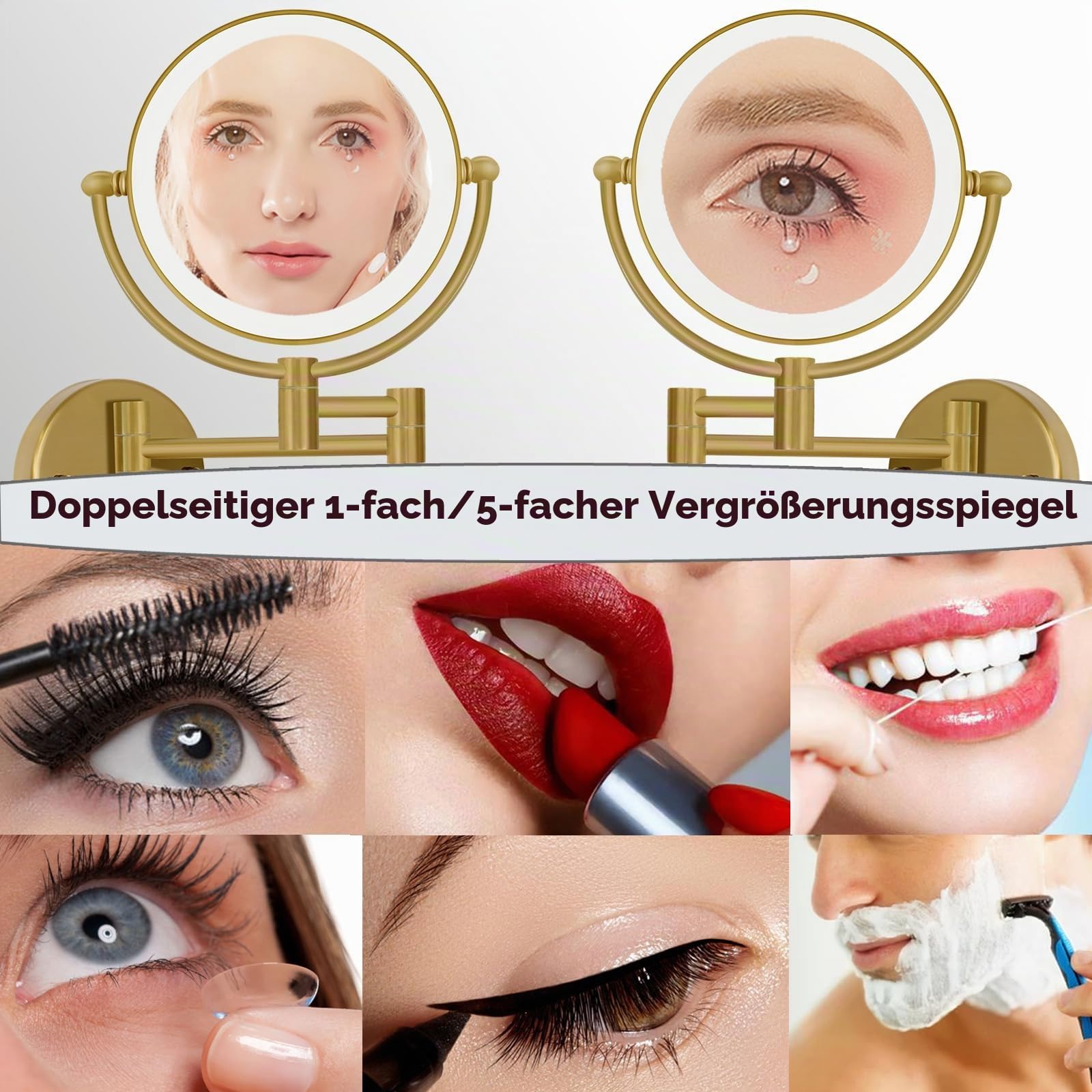 Schminkspiegel Wandmontage,1X5X Vergrößerung Kosmetikspiegel mit Beleuchtung Wand,Messing Badezimmerspiegel,Lichtspeicherfunktion,Rasierspiegel 360° Drehbar, Ausziehbar, USB Wiederaufladbar