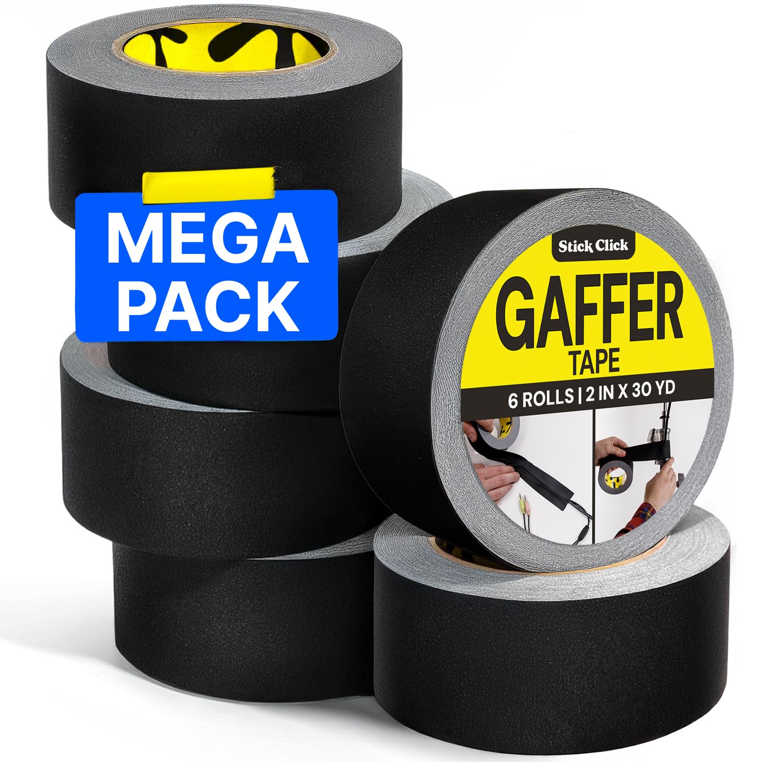 Black Gaffers Tape 6 Pack - 2 inch x 30 Yards - Non-Reflective, Easy Tear, Waterproof, No Residue, Gaff Tape for Electrical Cords, Photography, Stage Setup - Multipurpose