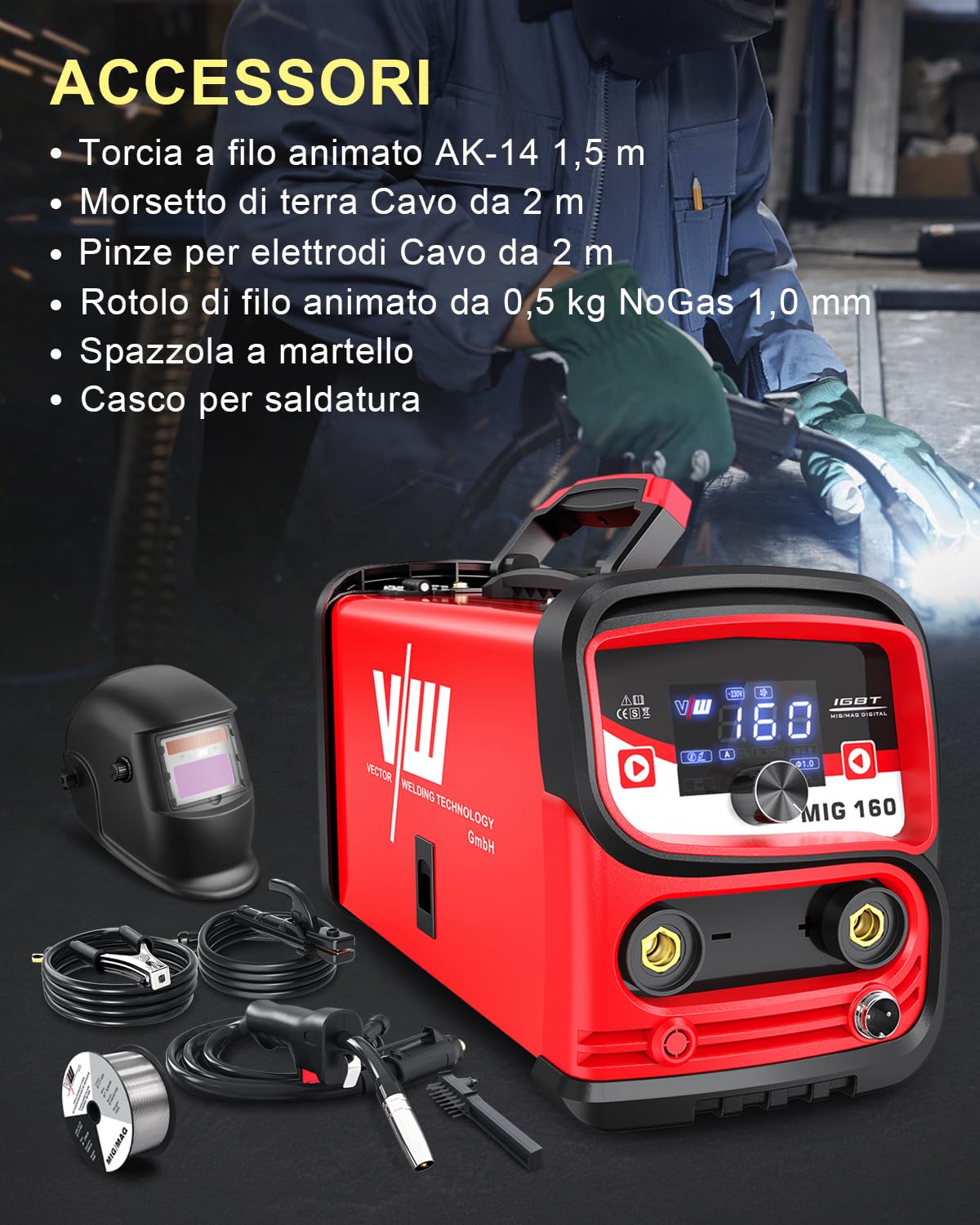 MIG160 Saldatrice a Filo Continuo Senza Gas 160A Sinergia Elettrodo Saldatrice 2 In 1 MIG/ARC, IGBT Inverter Saldatore con Filo Animato 1,0 mm e Maschera Auto-Oscurante - VECTOR WELDING