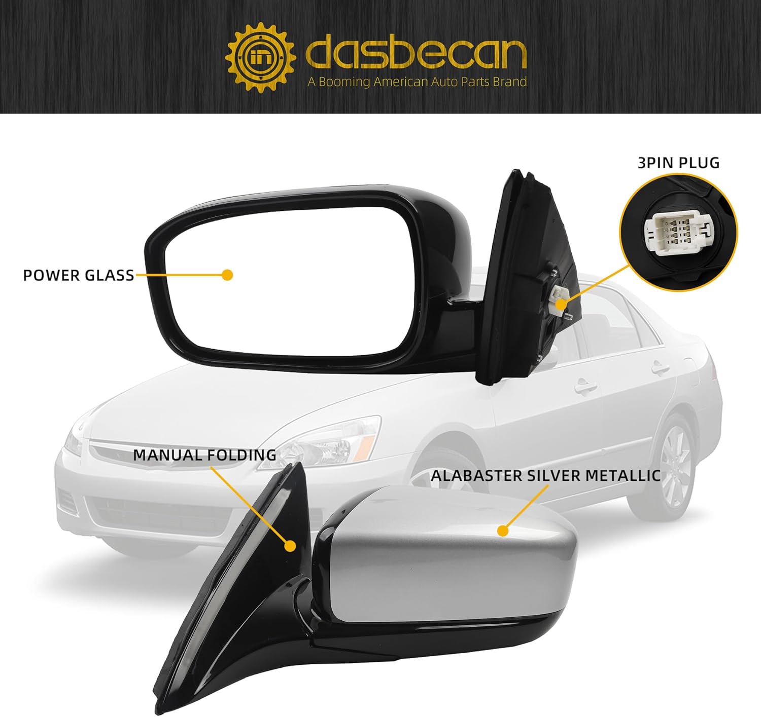Dasbecan Driver Side Mirror Compatible with 2003-2007 Honda Accord Left Side Door Mirrors With Manual Folding Power Glass Replace#HO1320152 Alabaster Silver Metallic Cover 3pins