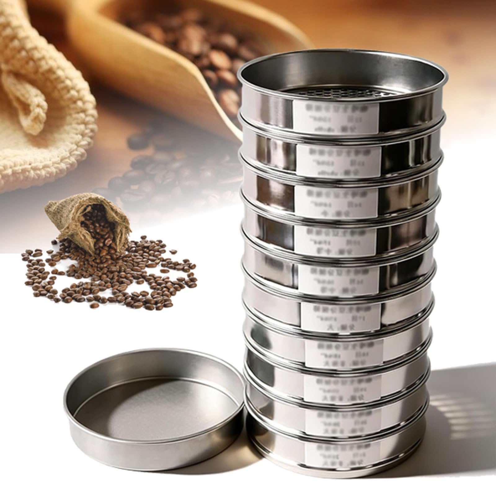 Tamiz de clasificación de granos de café, 10 capas, pantalla de malla 12-21, tamiz de granos de acero inoxidable de 8 pulgadas con bandeja inferior para tamizar con precisión en el tostado de café