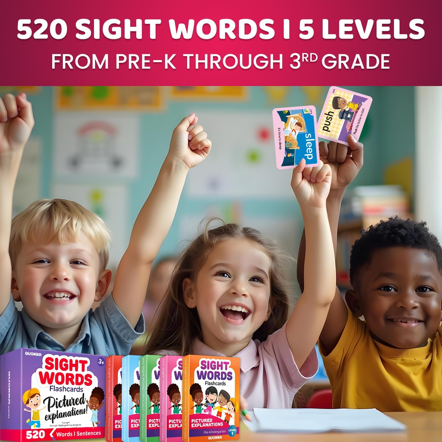 QUOKKA 520 Sight Words Flash Cards with Images & Sentences – Based on Dolch Sight Words Lists for Reading Fluency – Kindergarten Flash Cards for Pre-K to 3rd Grade - Color-Coded Vocabulary Set - Image 5