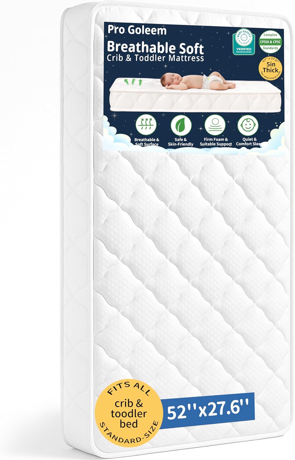 ProGoleem Breathable Dual-Sided Crib & Toddler Mattress - 5" Firm Foam, JPMA Certified, 52x28 Snug Fit for Standard Baby Cribs & Beds