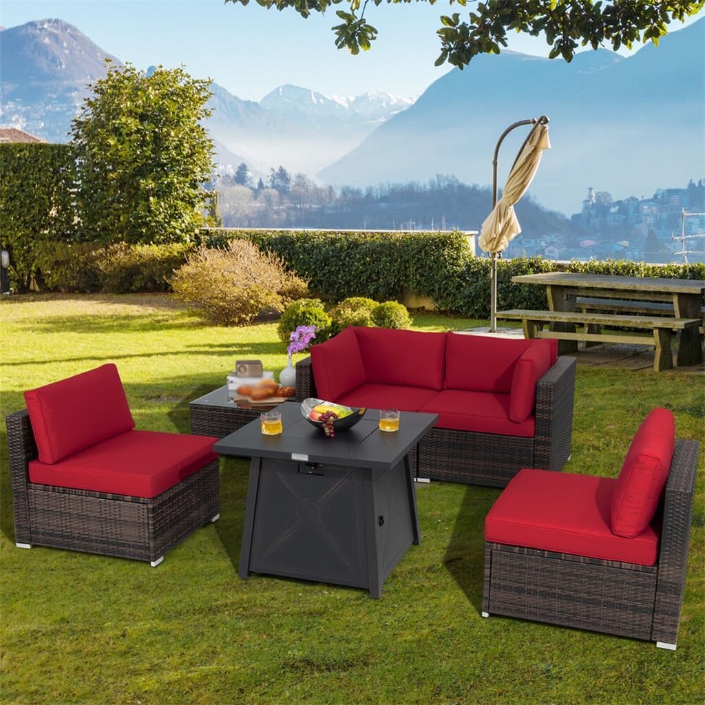 6PCS Patio Rattan Furniture Set 30" Fire Pit Table W/Cover Cushioned Red