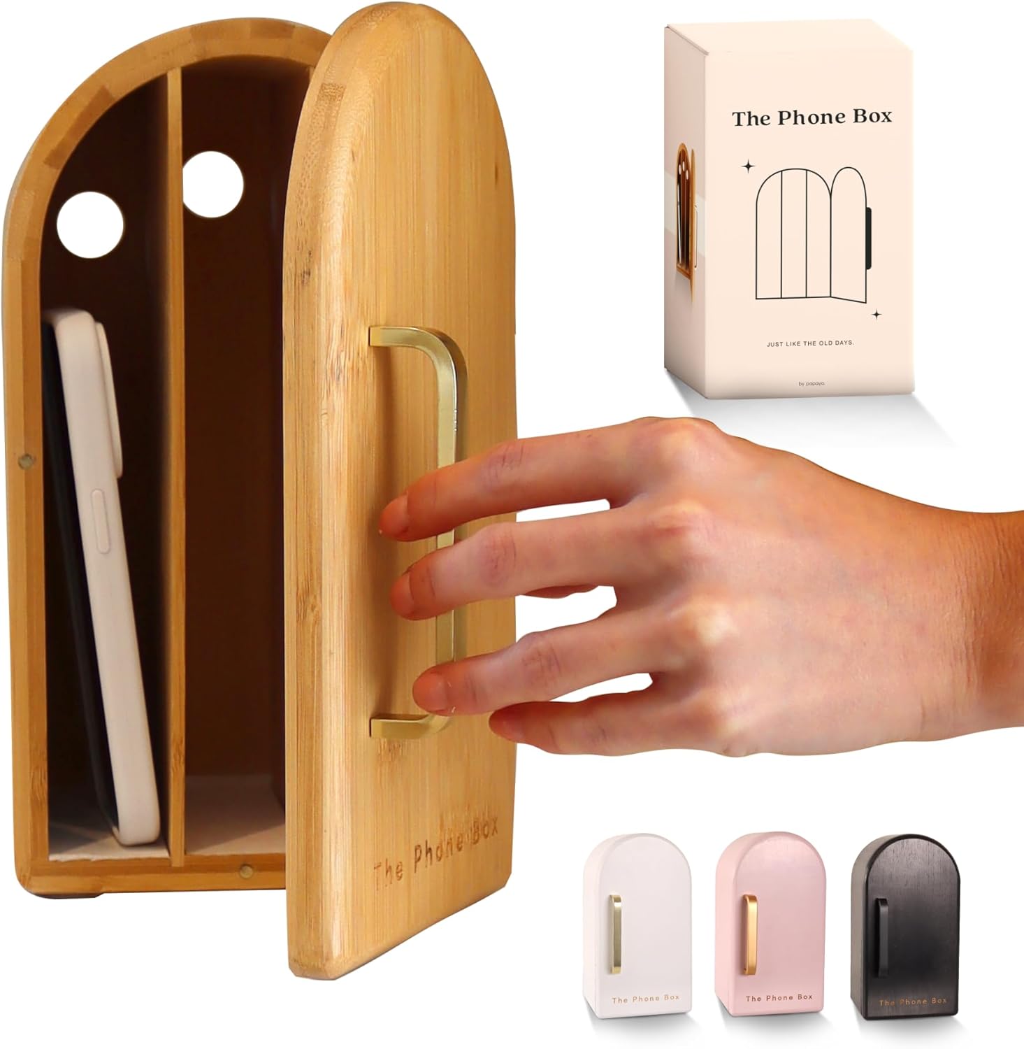 Papaya The Phone Box, Decorative Cell Phone Box for Family Time, Holds 6 Phones, Premium Bamboo Wood Phone Jail, Charging Holes, Free App
