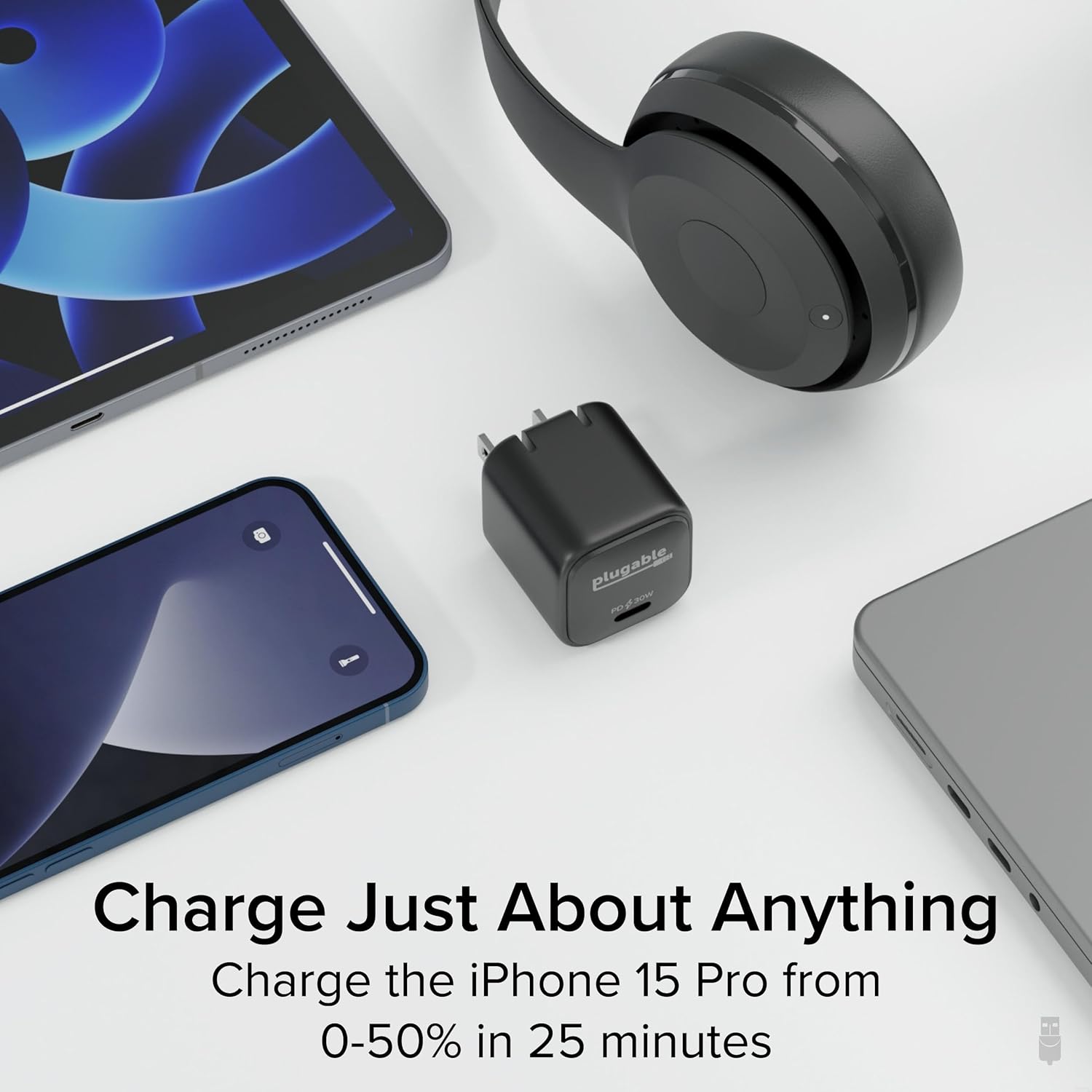 Plugable 30W USB-C GaN Charger – MagSafe-Compatible, Fast Charging for iPhone, iPad, Galaxy & USB-C Devices – IT Deployment, Business Travel & Remote Teams – Black