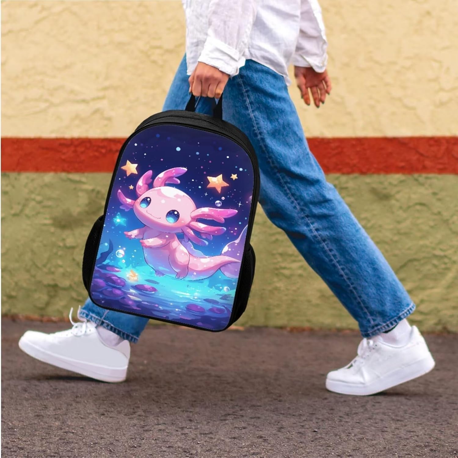 Cute Axolotl Backpack for Girls 3-in-1 Back to School Set - Kindergarten to Elementary Backpack with Lunch Box & Pencil Case for Kids Age 5-8, Axolotl Star Design Bookbags