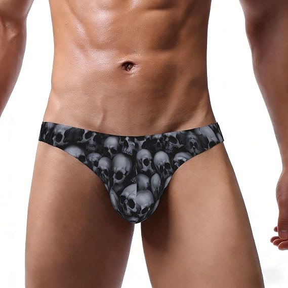 Gothic Skull Print Mens Bikini Briefs Low Rise Sexy Underwear Soft Support Bulge Pouch Briefs