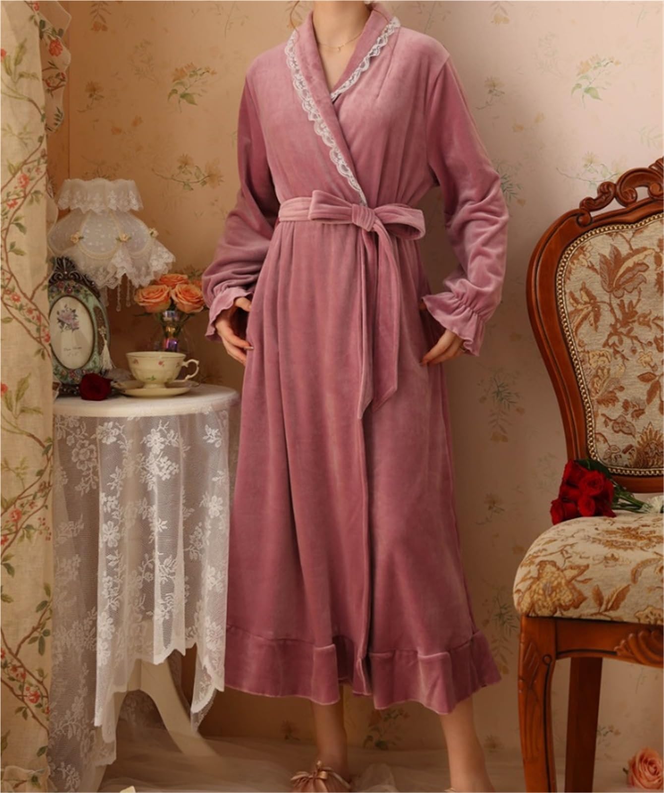 Albornoz Ducha Bata con Volantes For Mujer, Albornoz Largo Suave De Felpa, Lana Cálida, Camisón For Niñas Accappatoio para Viajes(Purple,Large)