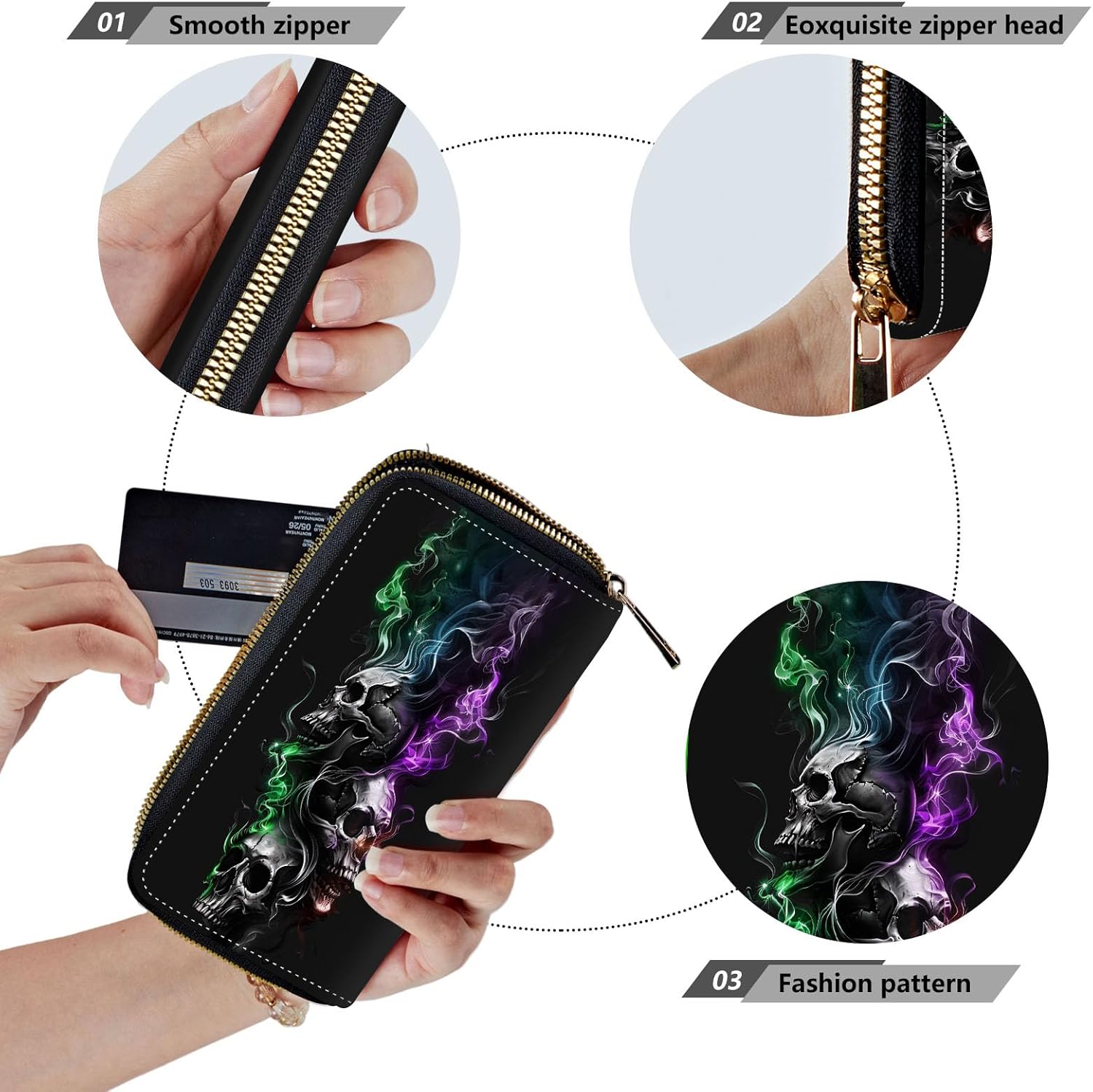 Women Wallets,Large Capacity Clutch Purse for Women Ladie Men Wallet Clearance Credit Card Holder PU Leather Handbag Clutch Purse-Smoke Skull