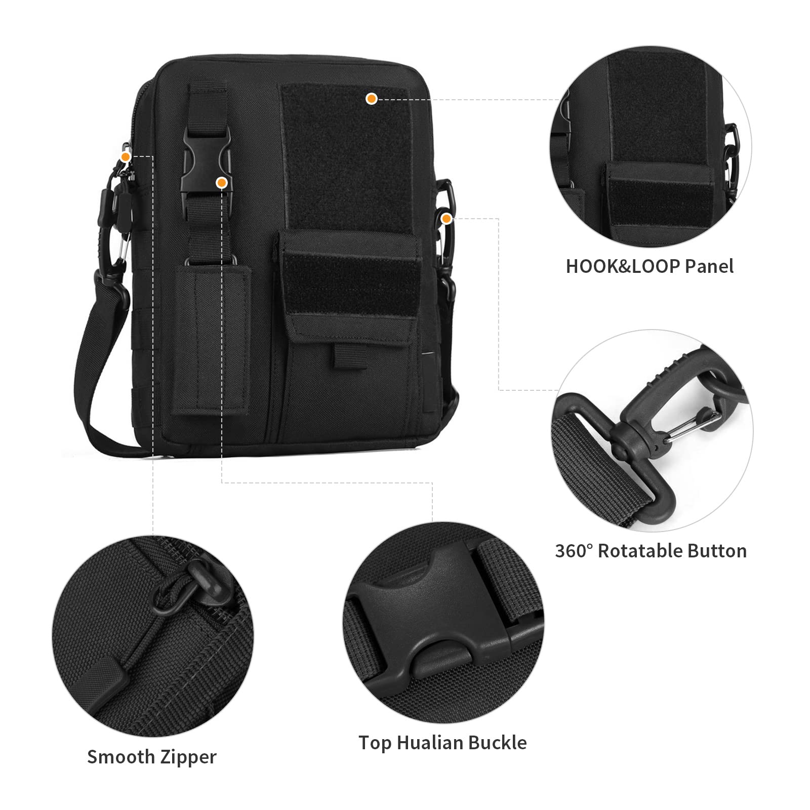 HUNTVP Sac Bandoulière Travail Sac Militaire Molle Tactique en Nylon Multifonctionnel Homme Femme pour Randonnée Voyage Cyclisme(Noir)