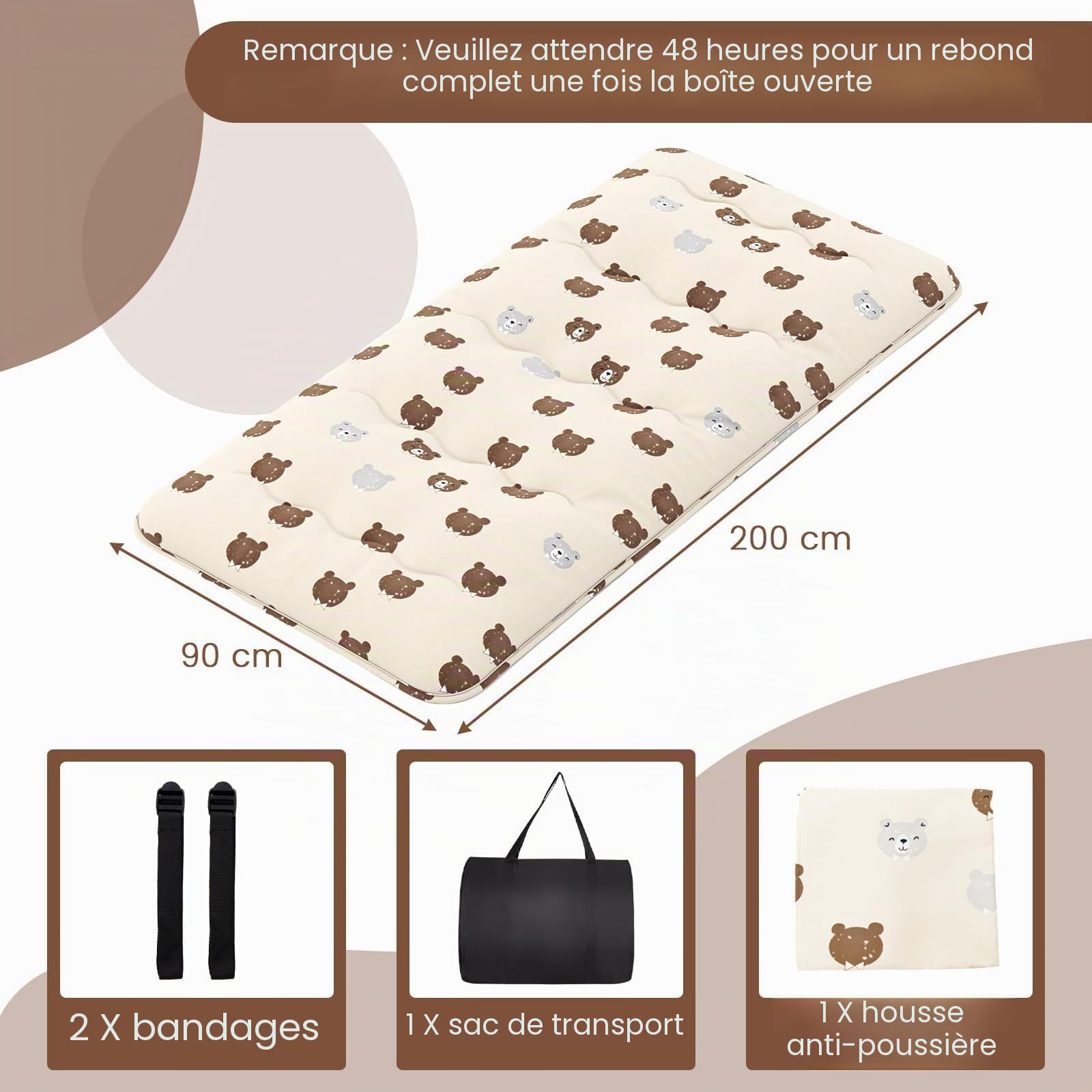FANTASK Matelas Tatami avec Housse Lavable - Futon Japonais - Pliable - avec Sac de Transport - 90 x 200 cm - Ours Marron