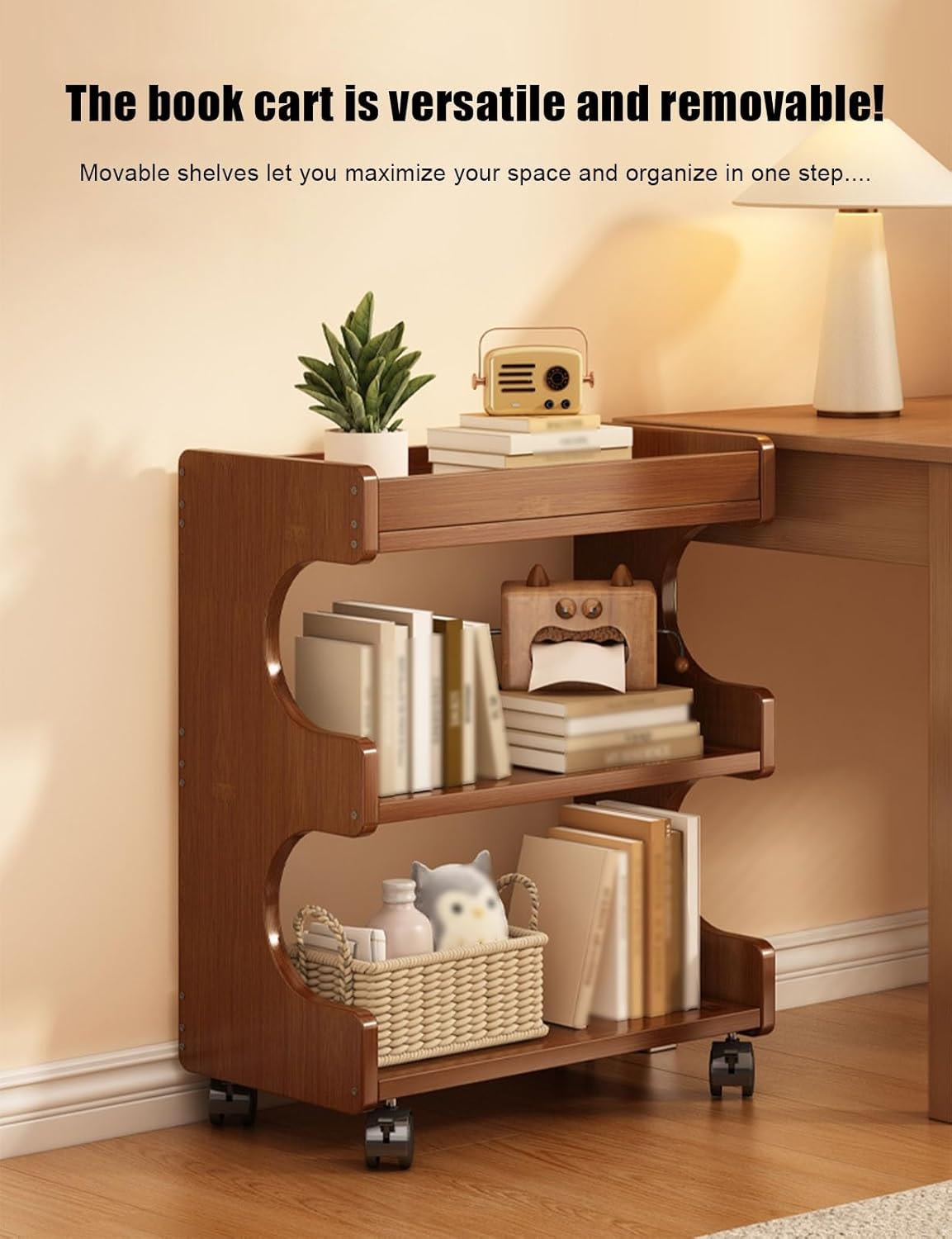 Book Cart with Lockable Wheels, 2-Tier Library Cart, Wooden Book Truck for Office, Study, Kitchen, Classroom