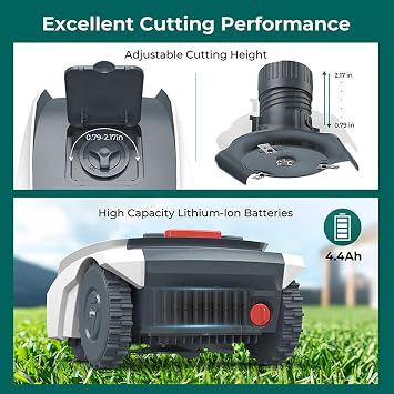 Automatic Robotic Lawn Mower, App Control, Cuts Up to 1500 sq m, 30% Slope, Ultra Quiet, Rain Sensor, Bluetooth, Safety Sensors