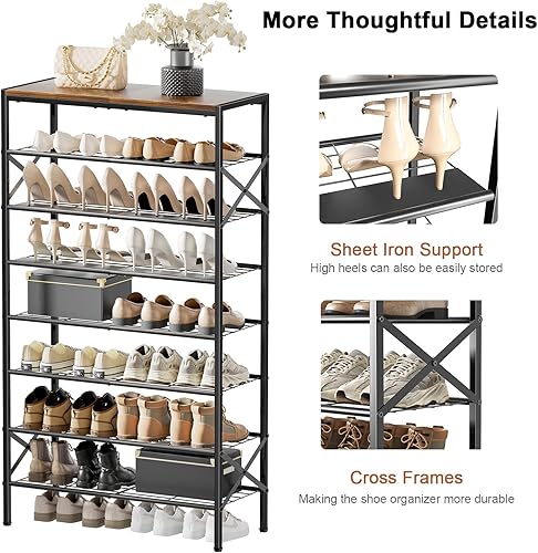 Vista 6 de Zapatero alto de 8 niveles para almacenamiento de zapatos para entrada, 24-32 pares de zapatero de metal para armario, zapatero resistente