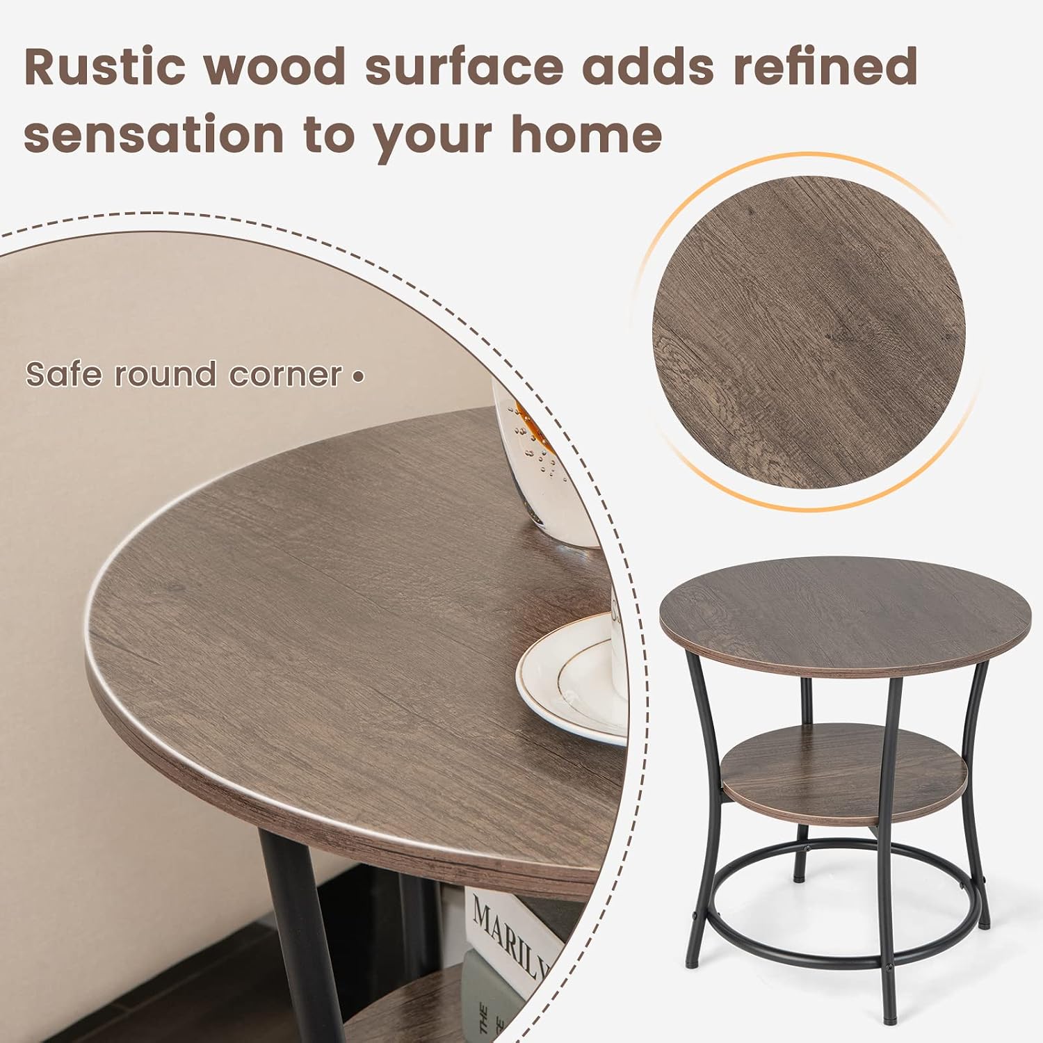 GOFLAME Round End Table, 2-Tier Sofa Side Table with Storage Shelf & Metal Frame, Compact Tea Table Beside Couch or Bed, Multipurpose Snack Table for Living Room, Bedroom, Study, Oak
